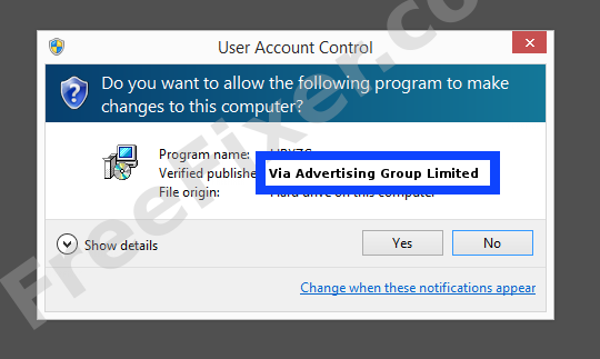 Screenshot where Via Advertising Group Limited appears as the verified publisher in the UAC dialog